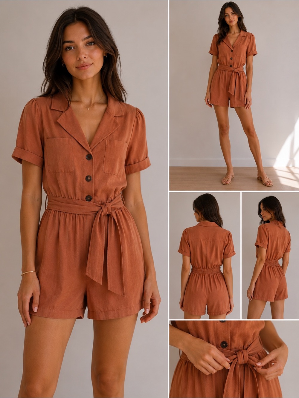 Mi ami Short-Sleeve Button Romper in Rust 100 % linen